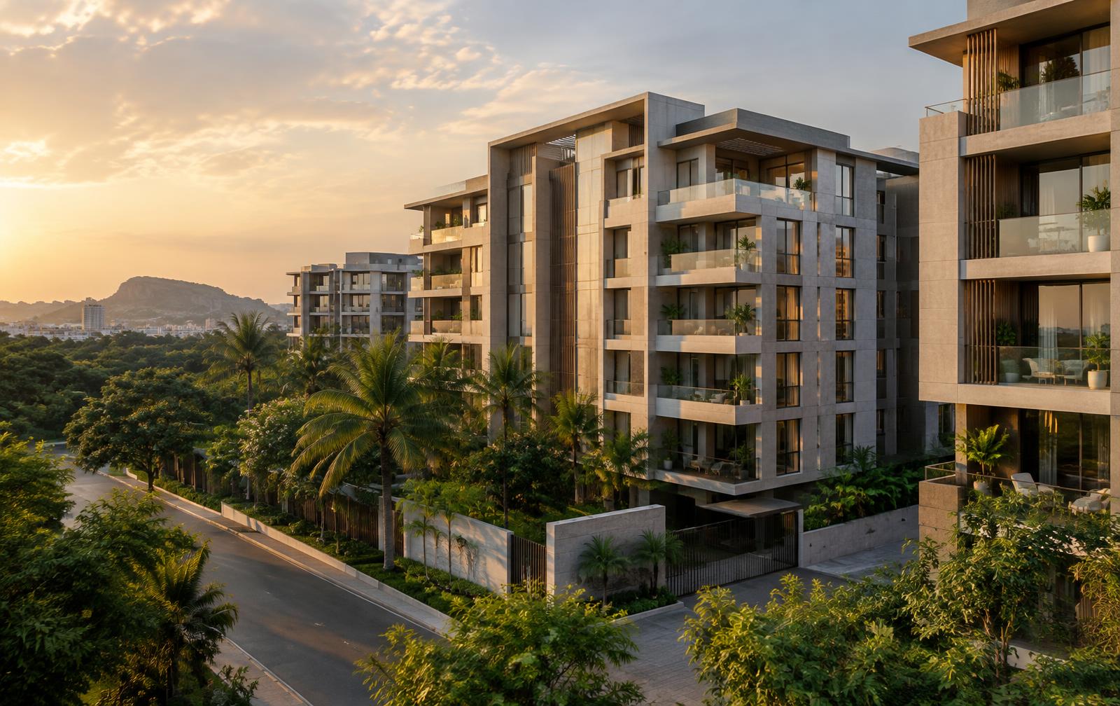Illustrative contemporary residential architecture surrounded by tropical greenery